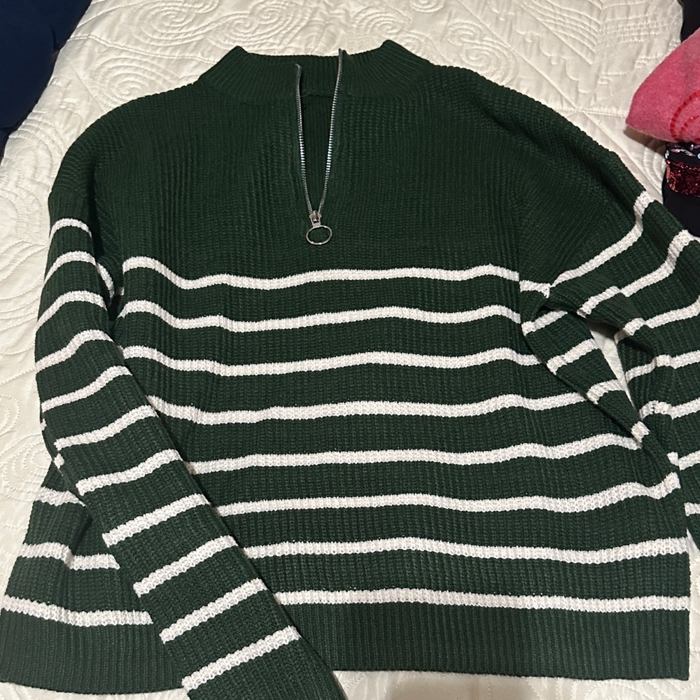 Green and White Striped Women's Sweater